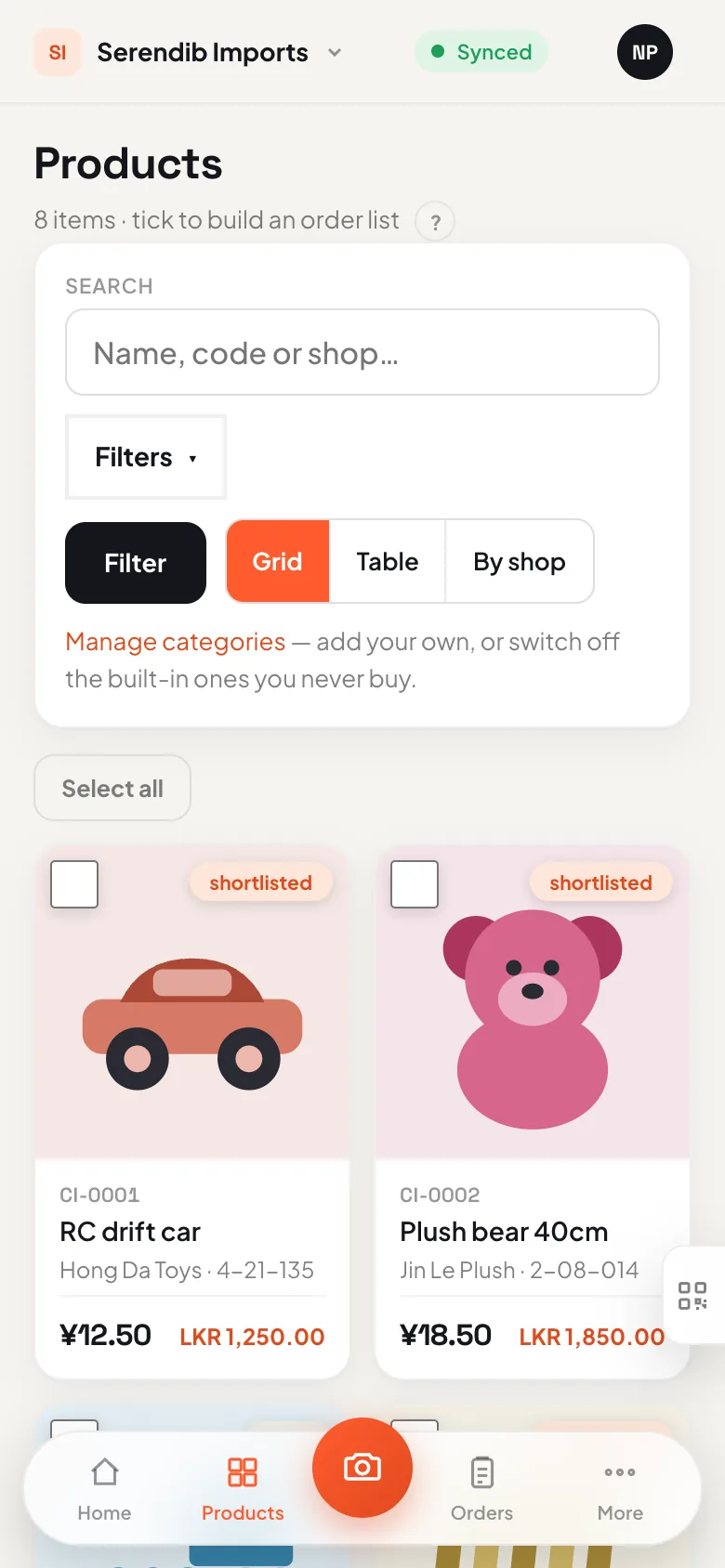Product grid showing each item in yuan and in your selling currency